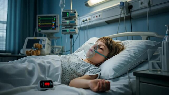 A sick young boy wearing an oxygen mask sleeps in a hospital bed connected to a pulse oximeter and other medical equipment while recovering from an illness