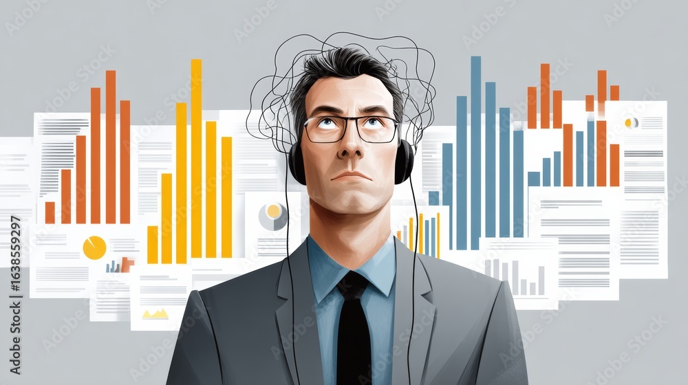 Poster man wearing glasses and a suit is looking at a graph with a frown on his face. the graph is filled w