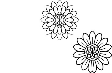 Two stylized floral designs with intricate petal patterns and geometric centers in black and white