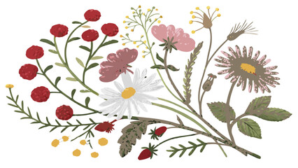 Beautiful floral bouquet illustration featuring a variety of flowers and foliage in a watercolor style for a rustic design