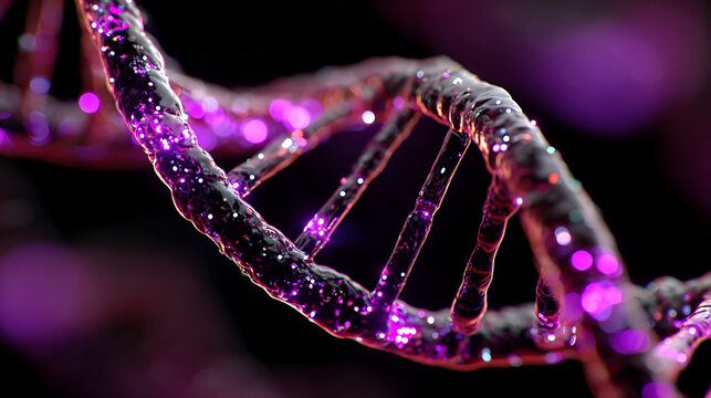 Futuristic holographic DNA double helix model being edited by an AI cursor interface. Neon light effects, 3D biotechnology visualization, and advanced digital genetics concept in a vertical format.

