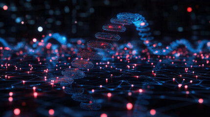 Futuristic holographic DNA double helix model being edited by an AI cursor interface. Neon light effects, 3D biotechnology visualization, and advanced digital genetics concept in a vertical format.

