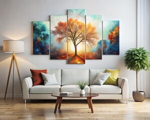 Vibrant multipanel artwork of a glowing tree in a modern living room setting