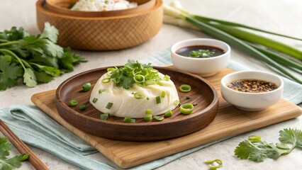 Buddha's delight served on a wooden platter with green onions and dipping sauces