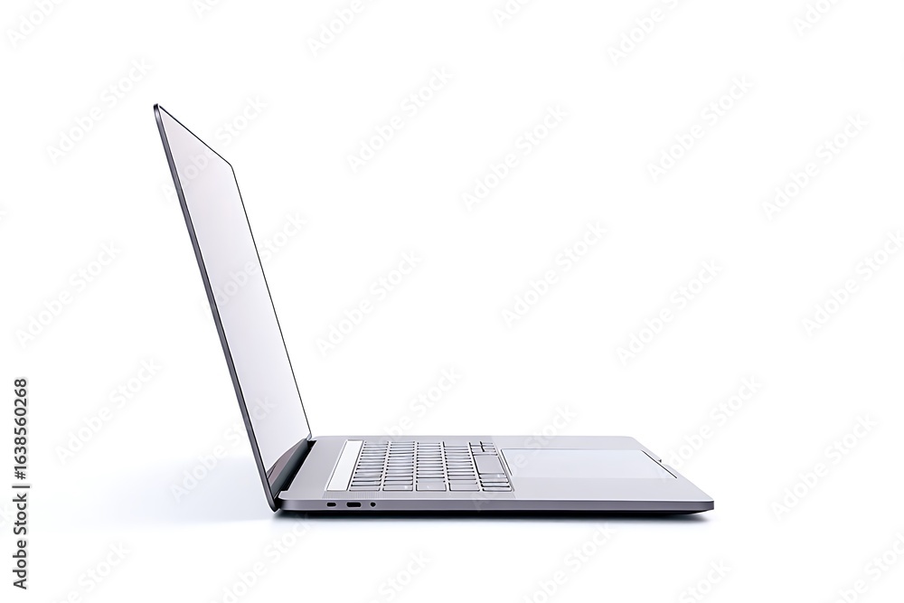 Poster modern sleek thin laptop computer open on its side, isolated on white background