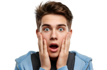 Surprised and Shocked Young Man with Mouth Open Hands on Cheeks