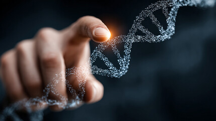 Futuristic holographic DNA double helix model being edited by an AI cursor interface. Neon light effects, 3D biotechnology visualization, and advanced digital genetics concept in a vertical format.

