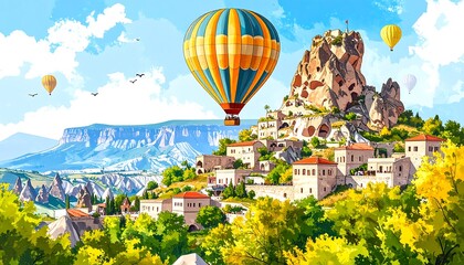 Colorful landscape with hot air balloons