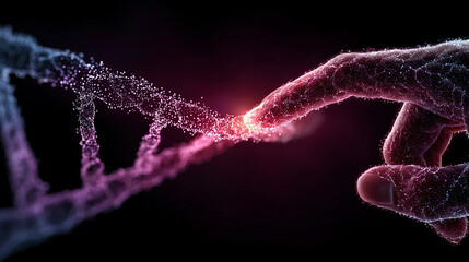 Futuristic holographic DNA double helix model being edited by an AI cursor interface. Neon light effects, 3D biotechnology visualization, and advanced digital genetics concept in a vertical format.

