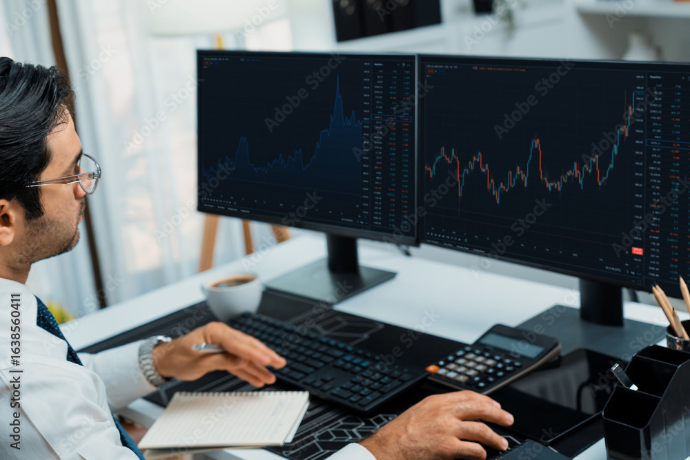 Poster smart trader businessman analyzing in two dynamic stock exchange investment screen on pc with invest