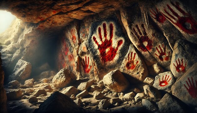Ancient red handprint art on the walls of a sunlit prehistoric rock cave discovery.