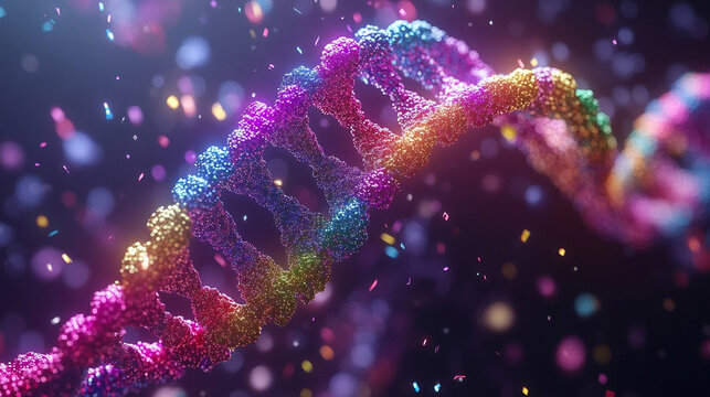 Futuristic holographic DNA double helix model being edited by an AI cursor interface. Neon light effects, 3D biotechnology visualization, and advanced digital genetics concept in a vertical format.

