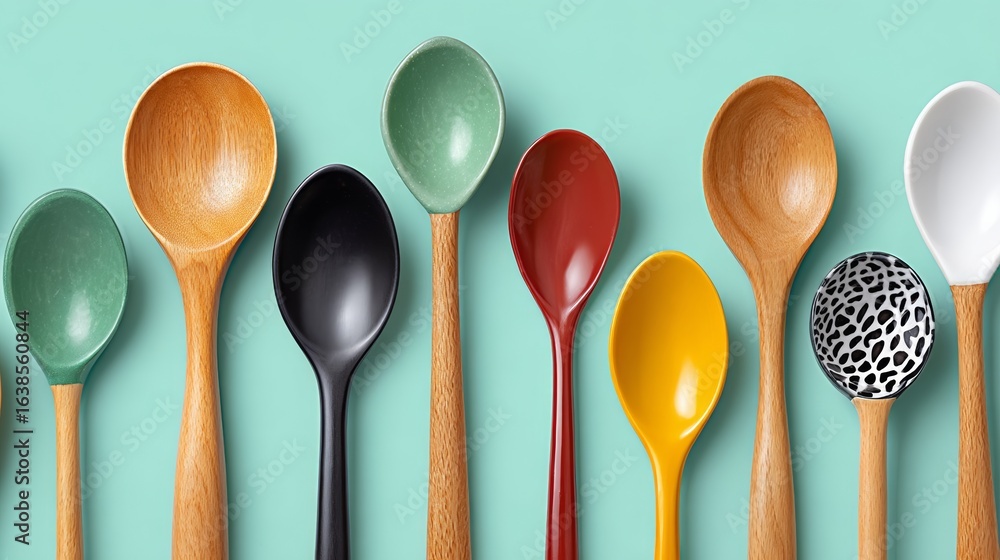 Poster Row of spoons and a ladle are lined up on a table. The spoons are of different colors and sizes, and the ladle is black. Concept of variety and diversity