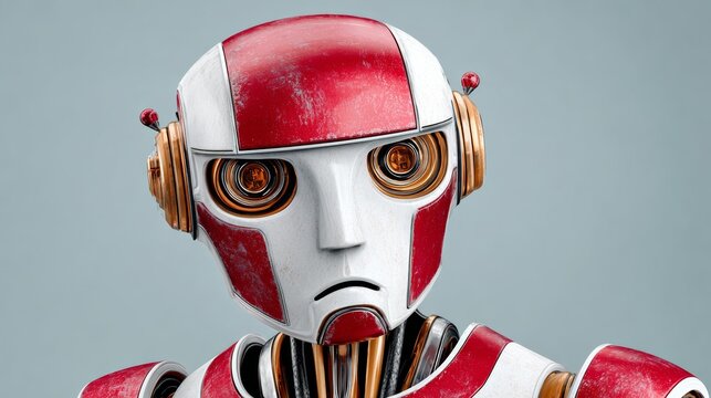 Robot with a red and white face is looking down. The robot is wearing headphones and has a sad expression - Powered by Adobe