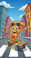  cute, whimsical illustration of a smiling slice of pizza riding a skateboard down a city street. The style is bold and cartoonish, with bright colors and a sense of motion and joy.