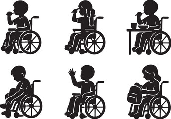 Diverse children in wheelchairs engaging in various daily activities and hobbies
