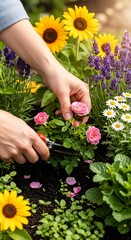  A vibrant, close-up shot of a person's hands tending to a variety of fresh plants and flowers in a garden. The focus is on the act of care and the beauty of nature.