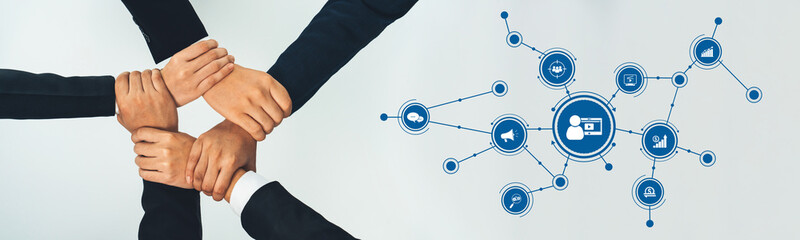 A dynamic visual showcasing united hands in a collaborative setting with digital marketing icons,...