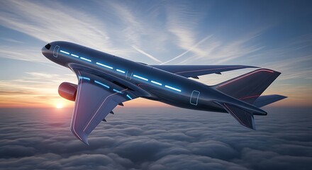 Modern Airplane Flying Above Clouds at Sunset: Commercial Aviation Concept