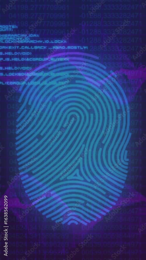 Poster animation of biometric fingerprint scanner, purple digital wave and data processing