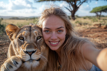 selfie of young woman with a lion