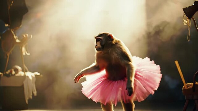 Whimsical monkey in pink tutu leaps joyfully mid-air, capturing playful spirit and unexpected delight