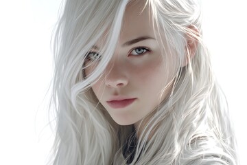 Fototapeta premium Captivating young woman with flowing white hair and striking blue eyes, exuding ethereal beauty and serene confidence in soft natural light