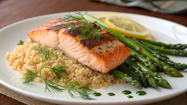 Perfectly grilled salmon fillet served with asparagus and couscous for a delightful dinner