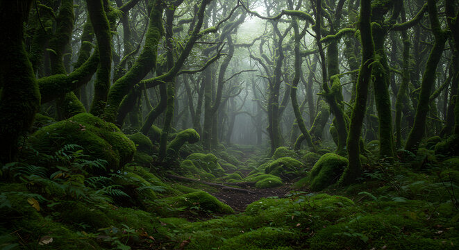 A mysterious path winds through a misty, ancient forest with moss-covered gnarled trees.