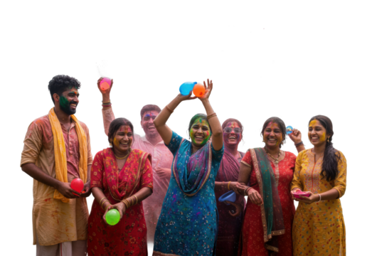 Celebrating holi festival community park group portrait colorful environment joyful viewpoint cultural tradition. Cut out png