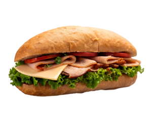 Hearty deli sandwich with turkey and cheese isolated on a transparent background