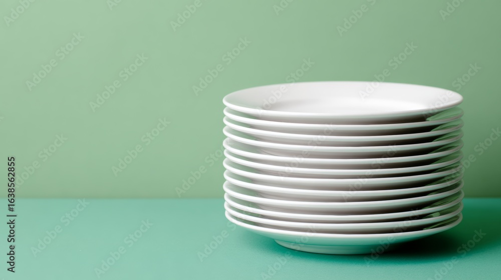 Poster stack of white plates on a green background. the plates are piled on top of each other, creating a s