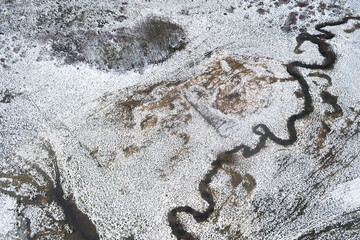 A high altitude view of a river and snow creating a unique texture background concept