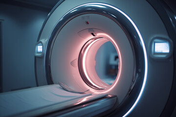 A medical imaging machine with a red light on the inside