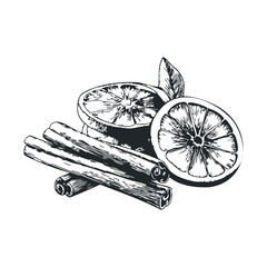 Vintage sketch of citrus slices and cinnamon sticks in black and white