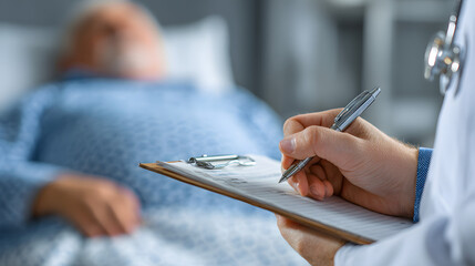Doctor recording diagnosis of obese patient in hospital bed
