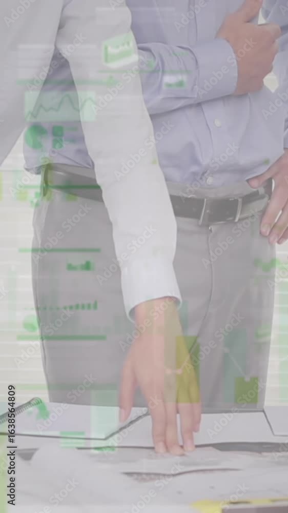 Aufkleber animation of statistics and financial data processing over architects with plans in meeting