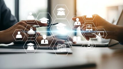 Hands interact with education icons on a digital interface over a laptop on a bright background - Powered by Adobe