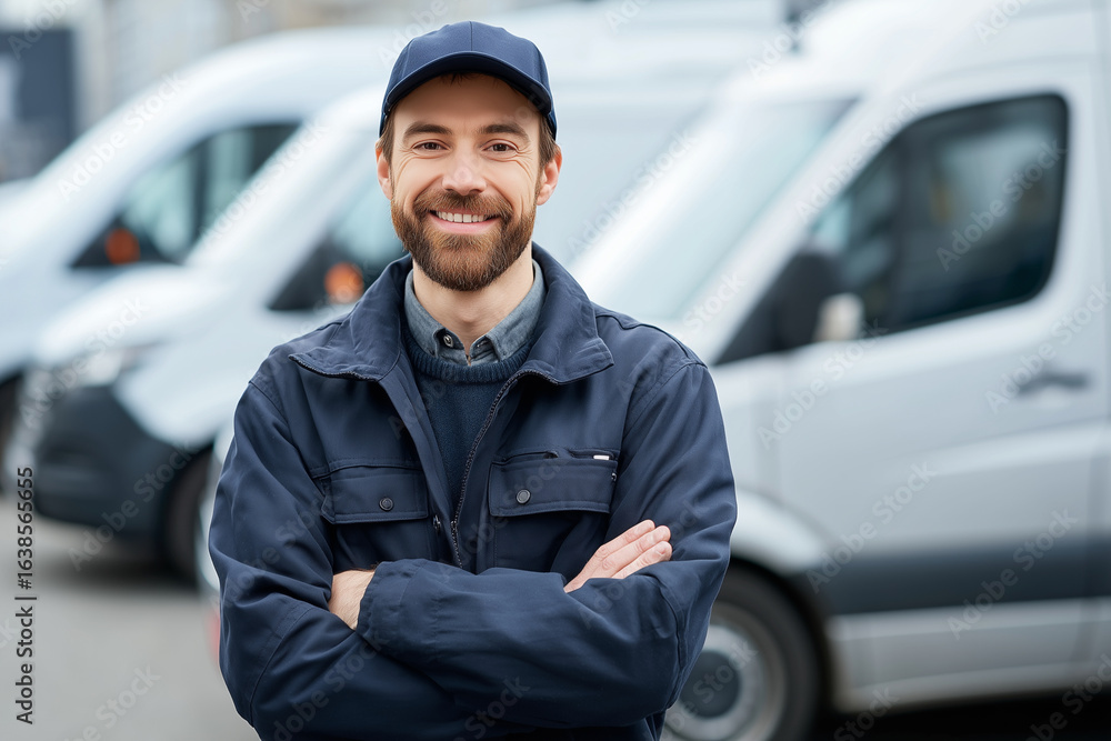 Aufkleber a man in a blue jacket is smiling and posing in front of a row of vans