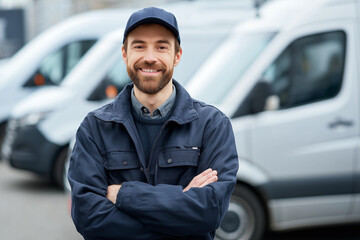 A man in a blue jacket is smiling and posing in front of a row of vans