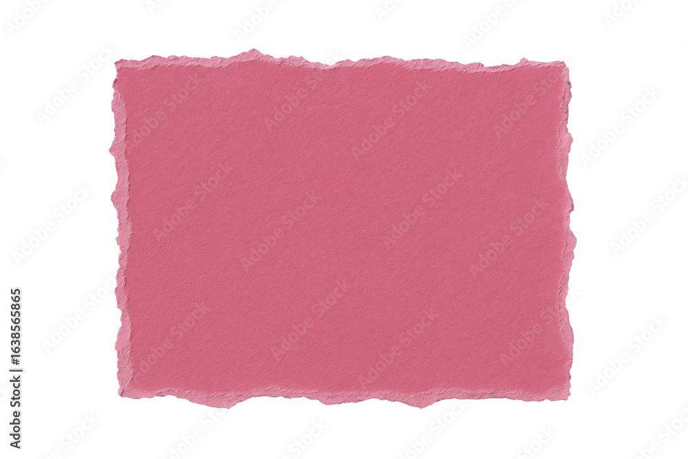 Poster textured pink paper fragment with uneven torn edges, isolated on black for creative design applicati