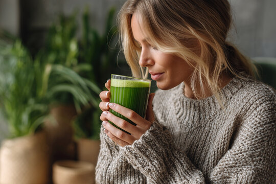 A woman is drinking a green juice while wearing a sweater - Powered by Adobe