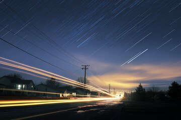 Fototapeta premium Nighttime traffic trails urban cityscape long exposure photography calm environment wide-angle view motion and time concept
