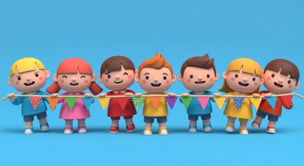 Fototapeta premium Cheerful Cartoon Kids Holding Colorful Bunting