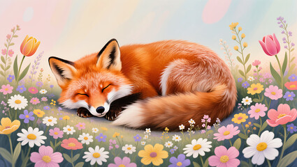 Fototapeta premium Sleepy fox nestled among blooming flowers in a tranquil garden