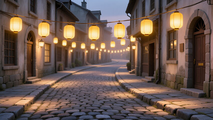 Obraz premium Charming cobblestone street illuminated by glowing lanterns at dusk
