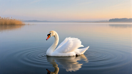 Obraz premium Elegant swan gliding gracefully across serene morning waters