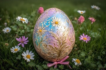 Fototapeta premium A casual photo of An intricately designed Easter egg nestled in a bed of lush, vibrant grass, surrounded by a variety of springtime blossoms. The egg, a stunning specimen of meticulous craftsmanship, 