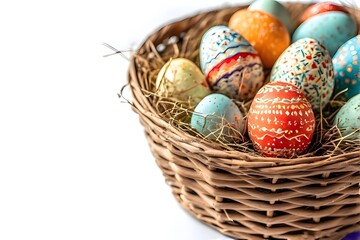 A casual photo of An intricately designed Easter egg nestled in a bed of lush, vibrant grass, surrounded by a variety of springtime blossoms. The egg, a stunning specimen of meticulous craftsmanship, 