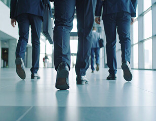 Crowd of business people walking in the urban city street with a focus on their legs and motion
